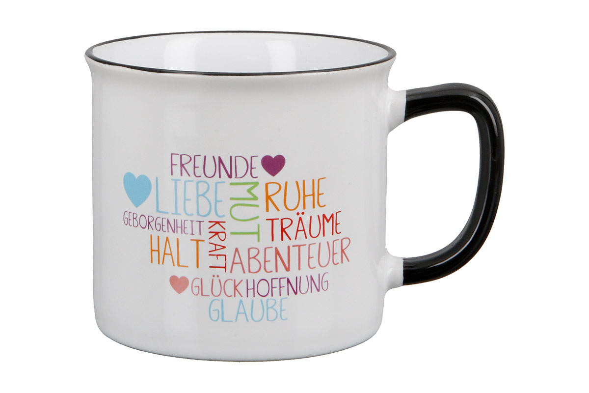 Artikelbild für Keramik Tasse Schlagworte mehrfarbig im Baltic Kölln Onlineshop