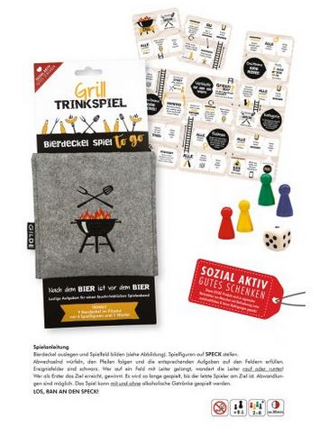 Artikelbild für Trinkspiel Grill 9 Bierdeckel,4 Figuren,1 Würfel Filz im Baltic Kölln Onlineshop